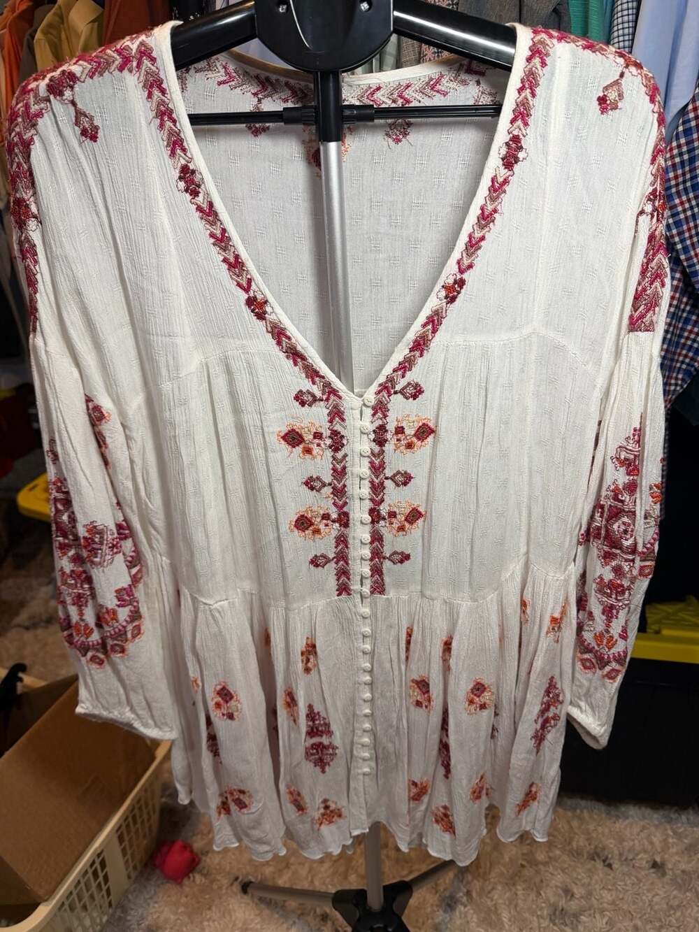 Free People Arianna Tunic Dress Size M Ivory Embroidered Boho Peasant